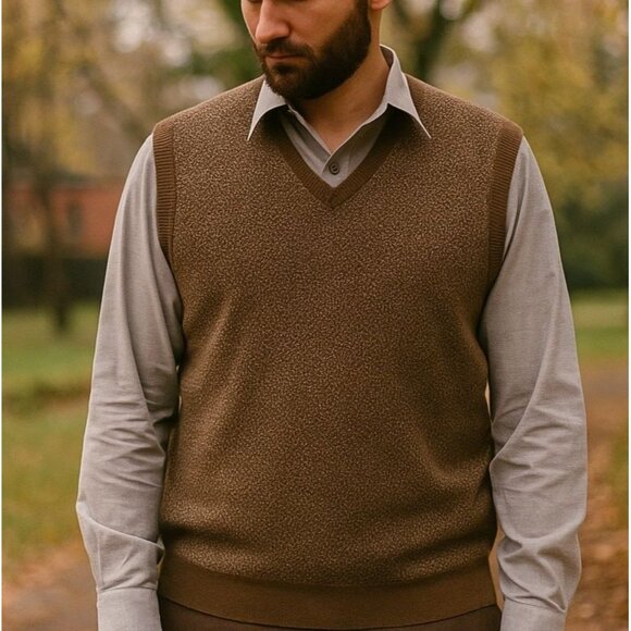 Brooks Brothers Vest 100% Lambswool Pattern Knit Sweater Brown Mens Size XL - Picture 1 of 8